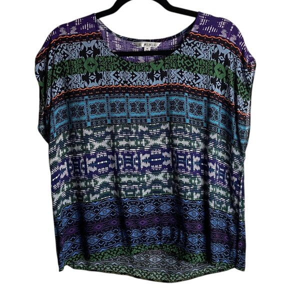 Cabi Size Medium Covet Blouse Aztec Boho Print Blue Purple Short Sleeve 832 - Picture 1 of 5